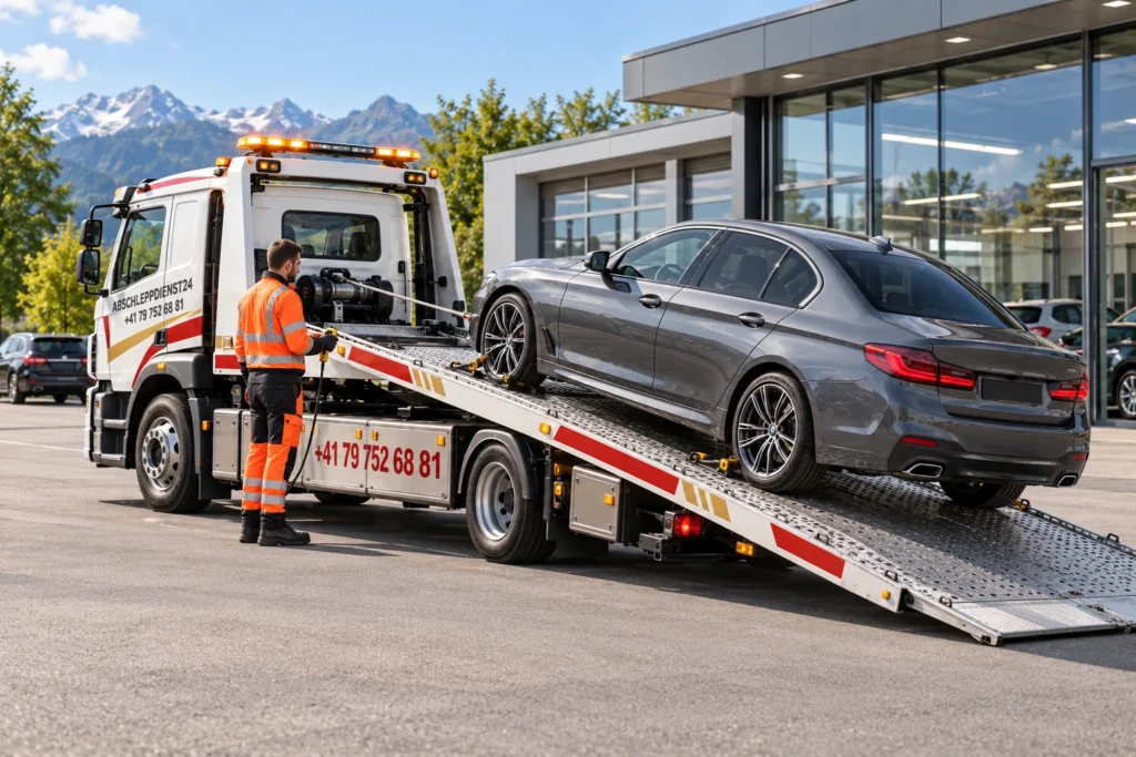 Fahrzeug wird professionell auf ein Abschleppplateau verladen