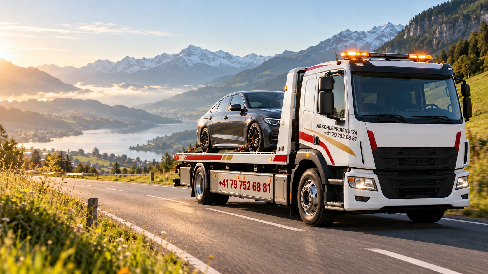 Abschleppfahrzeug mit Autotransport in einer Schweizer Alpenlandschaft