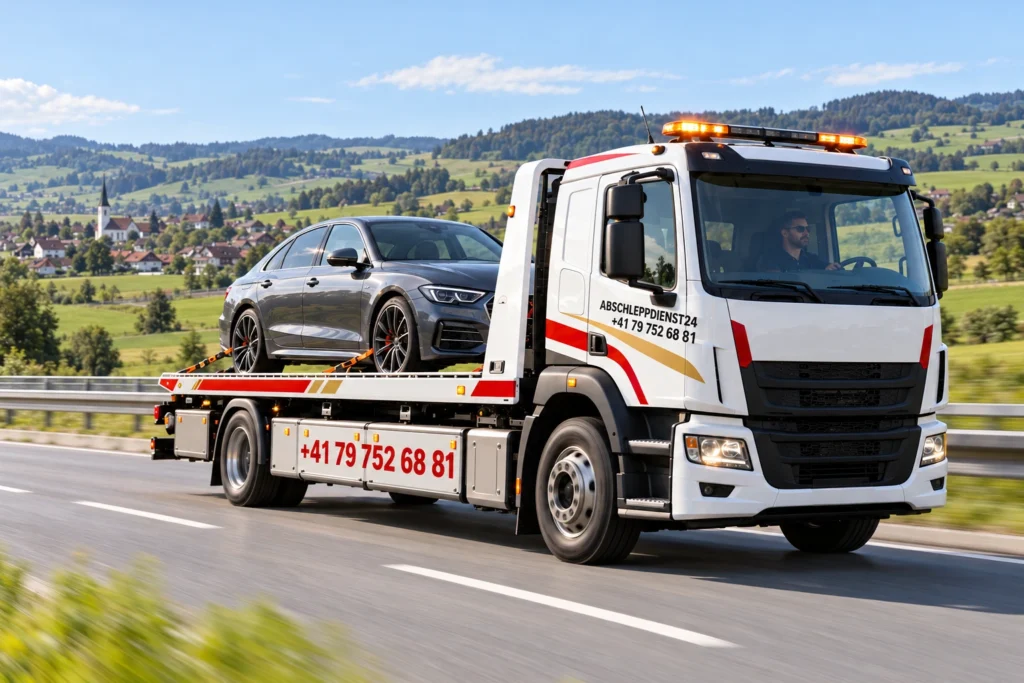 Gesicherter Fahrzeugtransport auf einer Strasse in der Schweiz