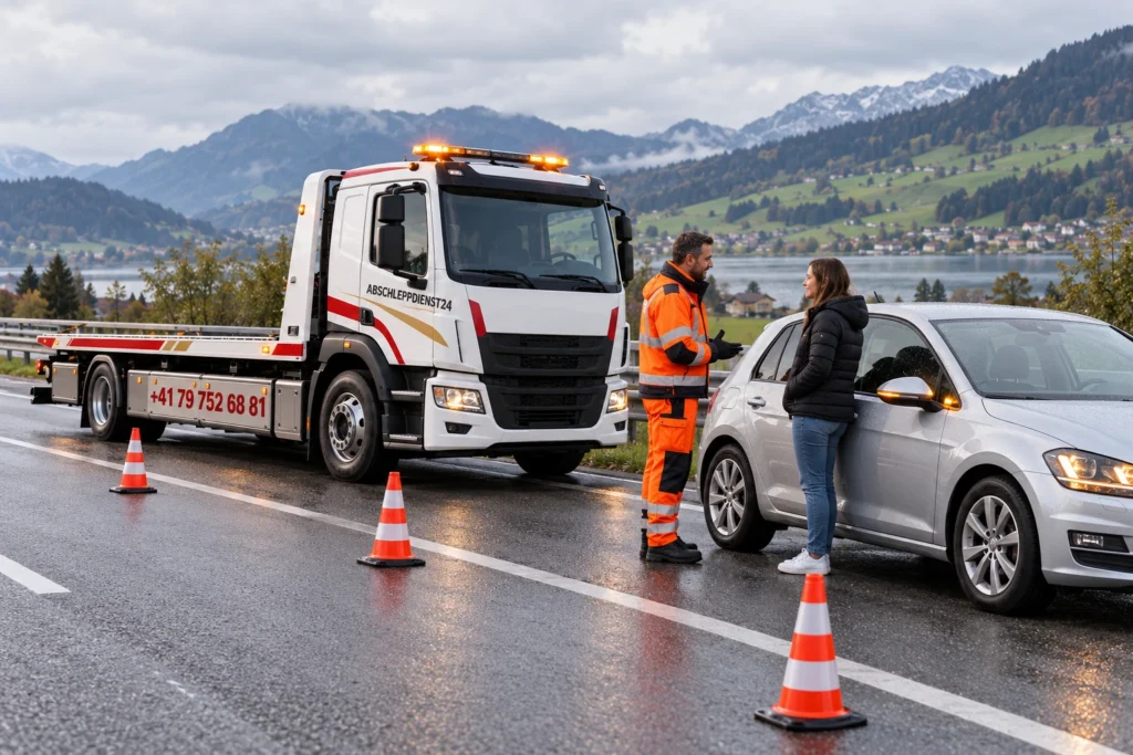 Pannenhelfer berät eine Autofahrerin neben ihrem Fahrzeug