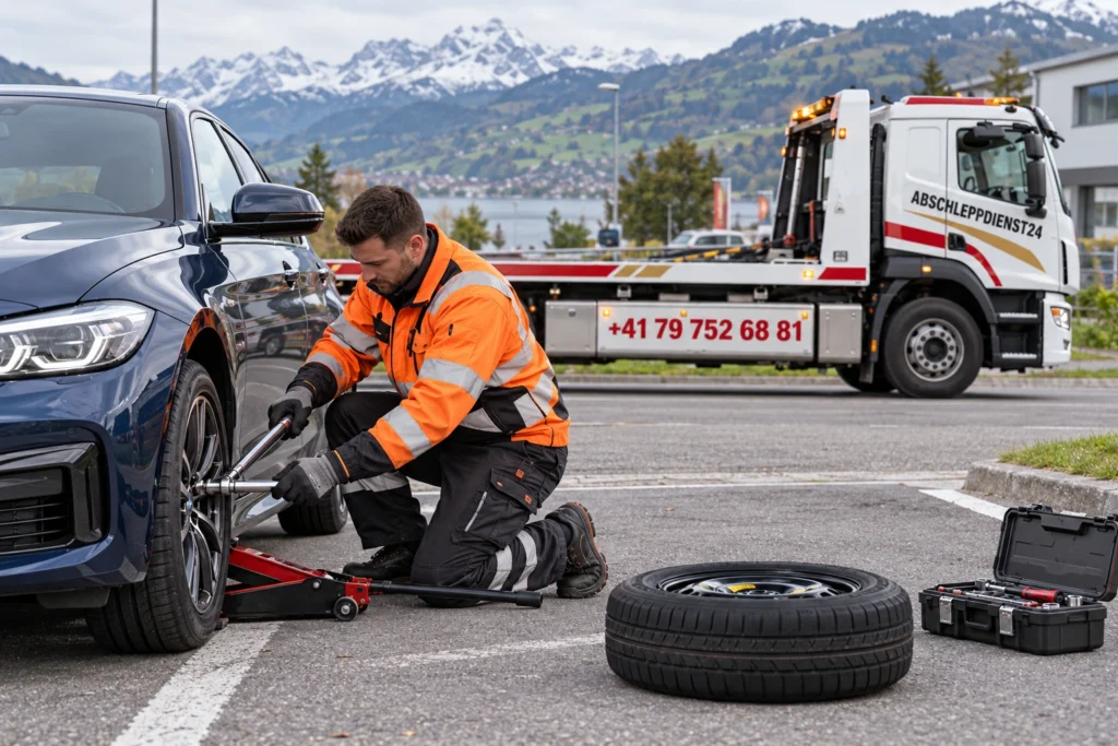 Mobiler Reifendienst bei einem Radwechsel auf einem sicheren Parkplatz